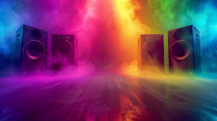 Neon speakers in a colorful smoke cloud for music or technology themed designs