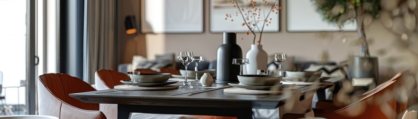 A modern dining room table set with a variety of dishes, glasses, and silverware