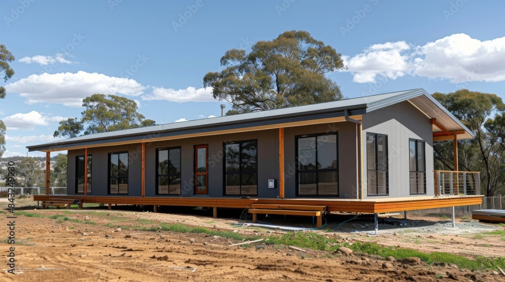 Poster a modular home being p on a remote site demonstrating the versatility and ability to construct homes