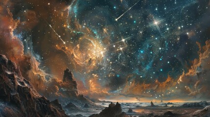 Night sky with stars over mountains and lake for fantasy or space themed designs