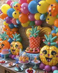 Festive balloon decorations for a cheerful birthday celebration, bright and colorful, an atmosphere of joy, perfect for memorable photos