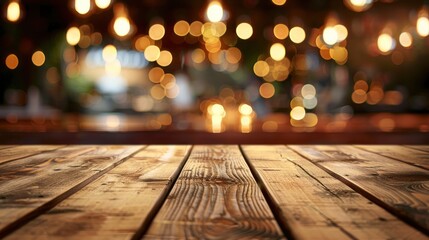 Empty wooden table top with lights bokeh on blur restaurant background, generative ai