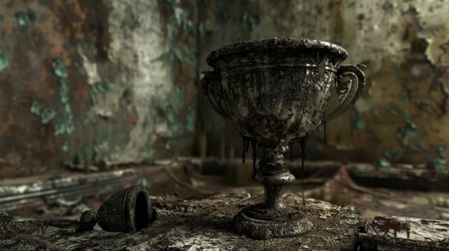 Old rusty goblet on a dark abandoned background for gothic designs