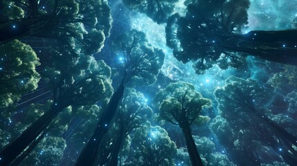 1. Visualize an investment growth graph where towering trees represent asset value, their branches reaching towards a surreal, luminescent sky.