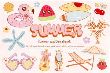 Retro Summer Vacation Clipart Collection with Fun Beach Elements, Whimsical Summer Beach Clipart Set, Hippie 70s summer Vacation 