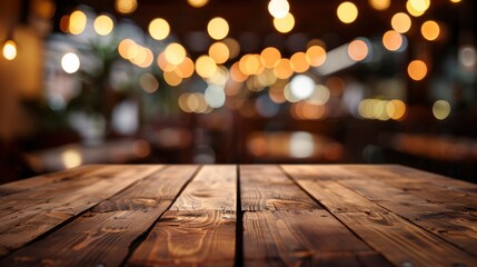 Empty wooden table top with lights bokeh on blur restaurant background, generative ai