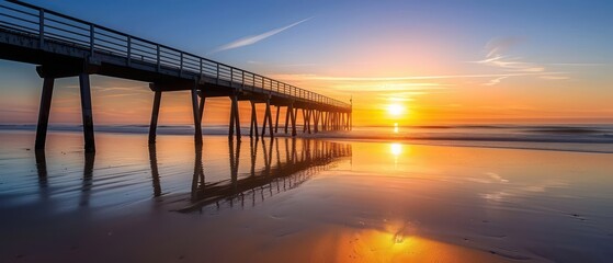 serene sunrise over the shore with straight beach pier extends into the ocean, tranquil beauty of coastal landscapes 
