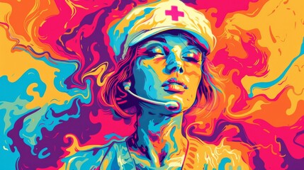 Psychedelic nurse portrait for medical and healthcare design