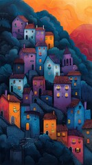 An illustration of city buildings in vibrant colors, predominately blue, purple and orange. 