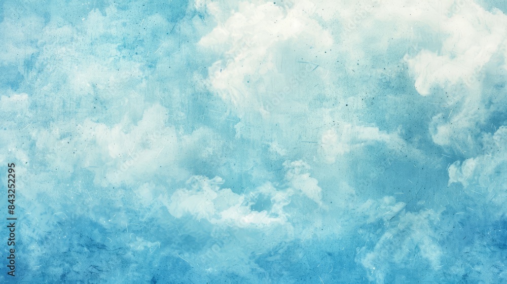 Sticker blue mottled background with vintage paper texture and soft cloudy sky watercolor