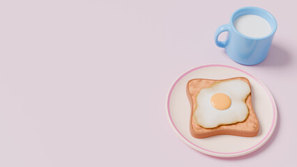 Delicious toast with eggs and milk for breakfast, 3d rendering image