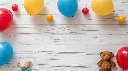 Obraz premium Tranquil Moments with a Minimalist Teddy Bear and a Rainbow of Balloons