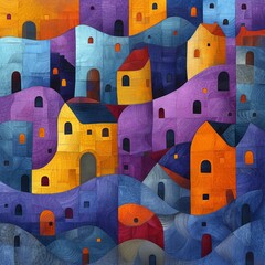 An illustration of city buildings in vibrant colors, predominately blue, purple and orange. 