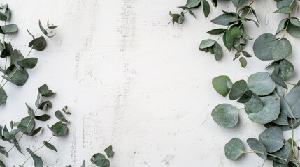 Eucalyptus branches and leaves on wooden rustic white background. Minimal background eucalyptus on white board. Flat lay, top view, copy space, generative ai