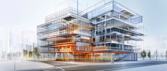 Fototapeta premium digital building with lines and white dots, representing the modernization of construction technology in architectural design