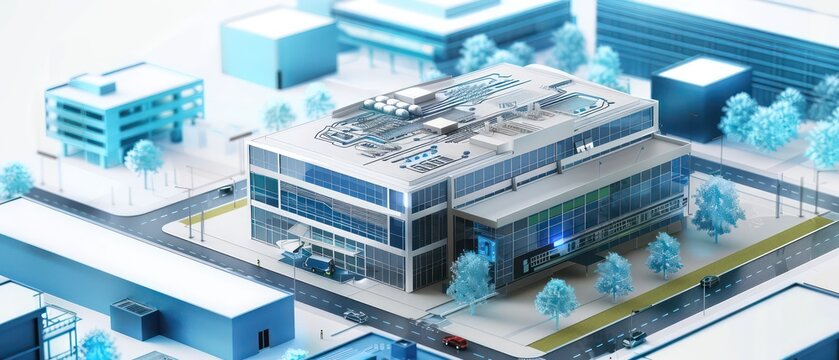 digital building with lines and white dots, representing the modernization of construction technology in architectural design