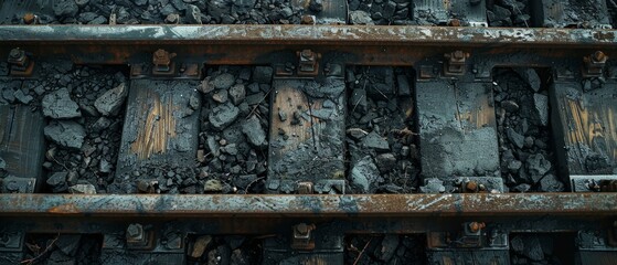 Minimalist scene of railway tracks, close-up shot emphasizing the weathered details and linear perspective, raw style