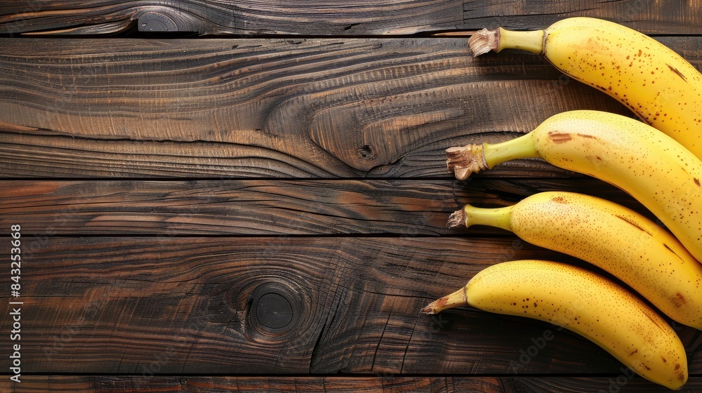 Wall mural fresh bananas on wooden table ripe tropical fruit with yellow peel sweet flavor top view with space 