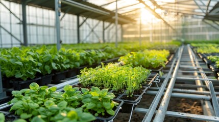 High-tech greenhouse with automated hydroponic trays growing a variety of vegetables under optimized LED lighting