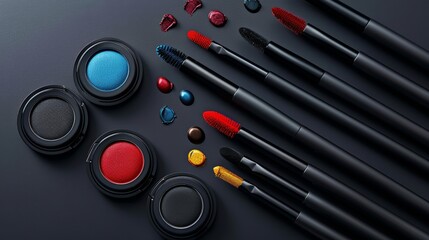 High-end fashion makeup set with bold eyeliners, matte lipsticks, and contour kits, displayed elegantly with professional studio lighting, isolated background