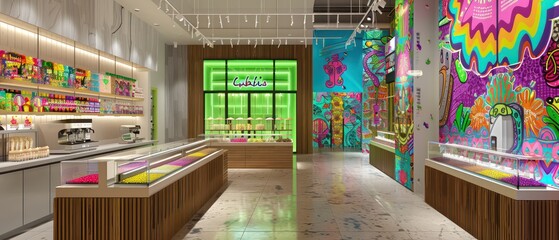 ice cream store features a prominent front window and a sleek ice cream display machine, with vibrant neon green colors adding a playful and inviting touch