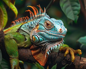 Obraz premium Green Iguana Resting on Tree Branch in Tropical Habitat