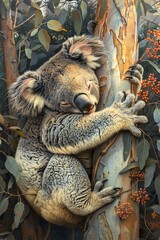 Naklejka premium Koala Hugging Eucalyptus Tree in Australian Wildlife