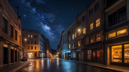 Quiet City Street at Night with Starry Sky
