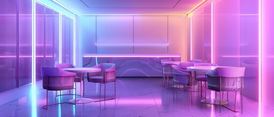 stunning cafe or gathering space made predominantly of glass, with enchanting neon lighting that enhances its luxurious and contemporary appeal.