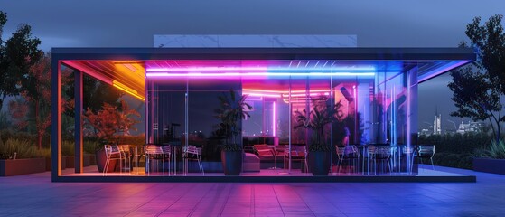 stunning cafe or gathering space made predominantly of glass, with enchanting neon lighting that enhances its luxurious and contemporary appeal.
