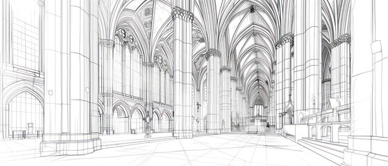 pencil drawing, Gothic architecture rises from the page with intricate arches and ornate details, set against a clean white backdrop