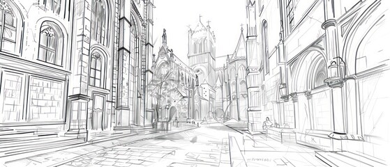 pencil drawing, Gothic architecture rises from the page with intricate arches and ornate details, set against a clean white backdrop