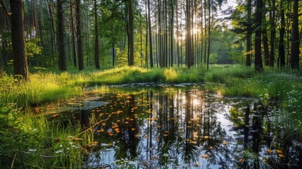 Serene forest pond reflecting tall trees at sunset, creating a peaceful and tranquil nature scene with lush greenery and calm waters.
