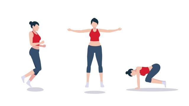 Animated woman doing several aerobic exercise movements on a white background