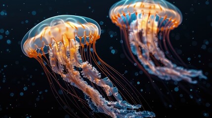 Jellyfish swimming in dark sea 