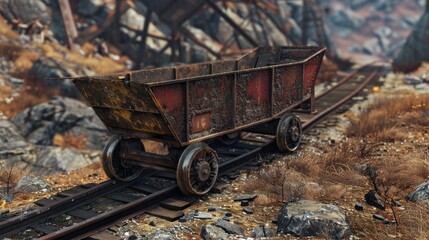 Rusty mine wagon on a railroad track in the desert