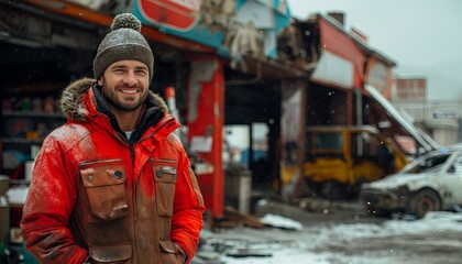 Fototapeta premium Young man smiling in disaster-stricken zone