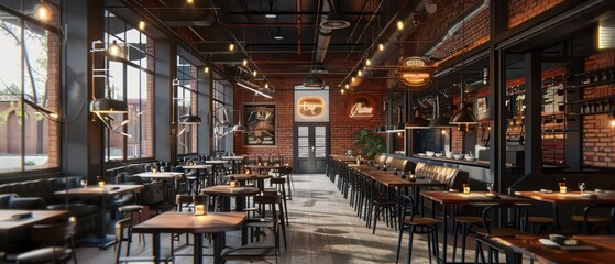 restaurant showcases a sleek industrial look with exposed red brick walls, black steel elements, and strategically placed hidden lights for a sophisticated touch