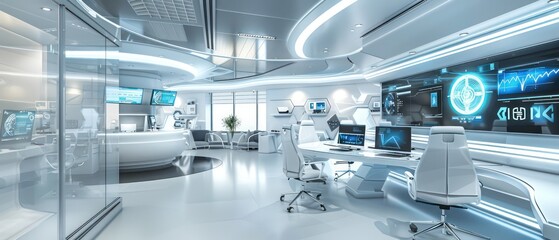 cutting-edge science platform layout, boasting wall-mounted screens, advanced technology, and a central round table conference room for collaborative meetings