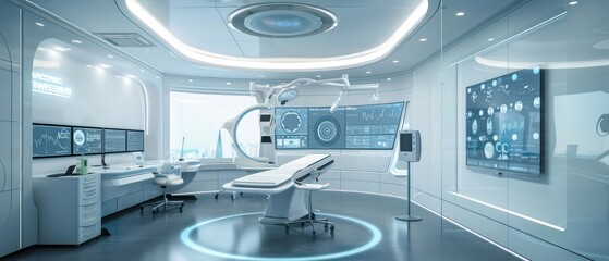 cutting-edge science platform layout, boasting wall-mounted screens, advanced technology, and a central round table conference room for collaborative meetings