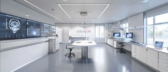 cutting-edge science platform layout, boasting wall-mounted screens, advanced technology, and a central round table conference room for collaborative meetings