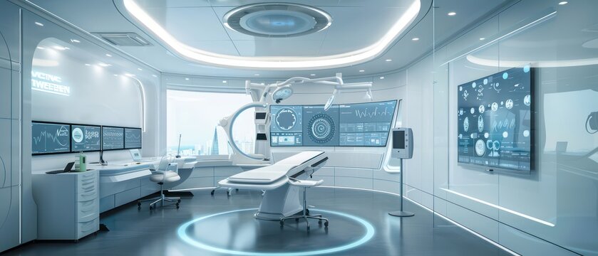 cutting-edge science platform layout, boasting wall-mounted screens, advanced technology, and a central round table conference room for collaborative meetings