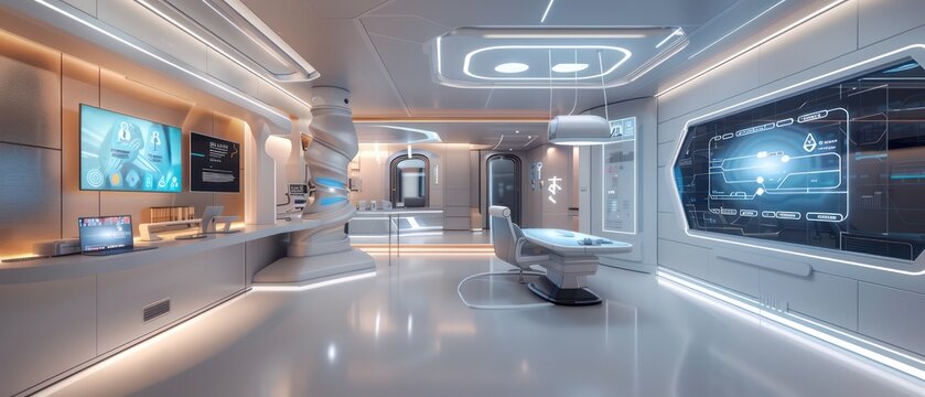 cutting-edge science platform layout, boasting wall-mounted screens, advanced technology, and a central round table conference room for collaborative meetings