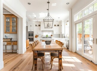 Beautiful dining room and kitchen in new home with white walls, wooden floor, and natural light from windows.