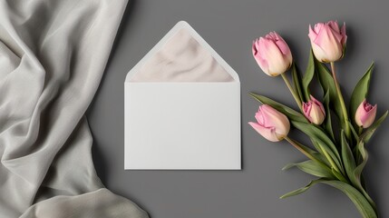 Obraz premium Blank envelope with pink tulips and grey fabric on grey background. Elegant, minimalistic stationery and floral arrangement.