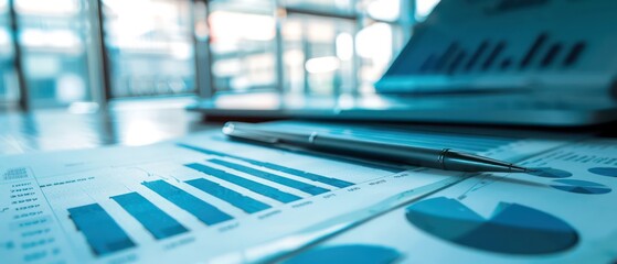 Abstract blue digital background with glowing light and bar graph of stock market data, futuristic technology concept