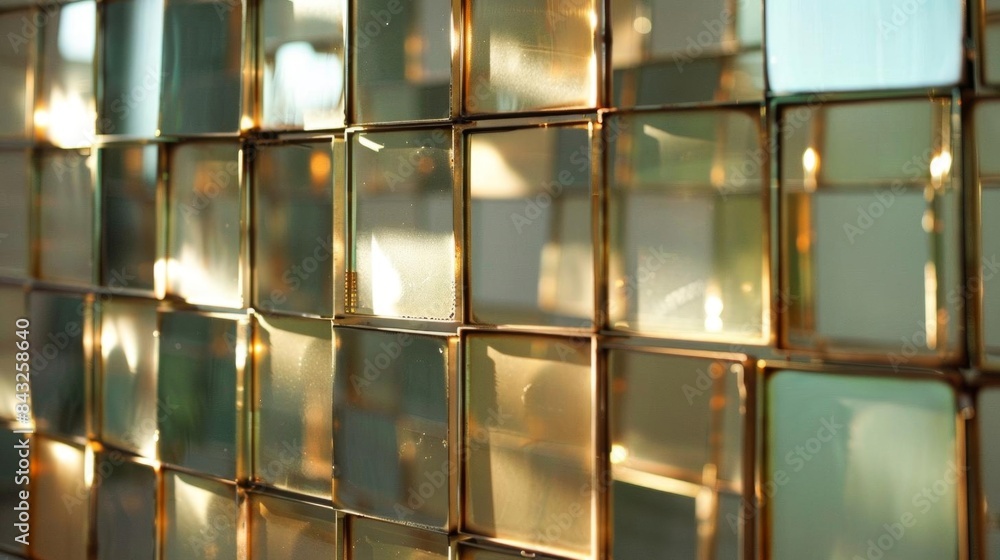 Poster close-up of glass blocks with a golden frame, creating an abstract pattern with reflections of light