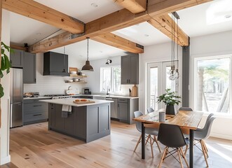 Modern open concept kitchen and dining room in a new home with white walls, grey cabinets, wooden beams  ceiling, natural light from windows, , island table