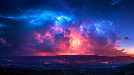 Electric energy of a stormy night, lightning bolts illuminating the blue-red sky, abstract beauty of nature's power