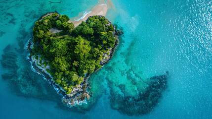 Aerial View of a Heart-Shaped Tropical Island, A unique heart-shaped island, fringed by beaches and surrounded by the clear blue water